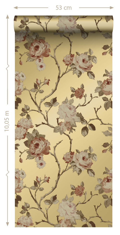 ESTAhome behang vintage bloemen goud en terracotta roze - 0.53 x 10.05 m - 139762 - vtwonen shop