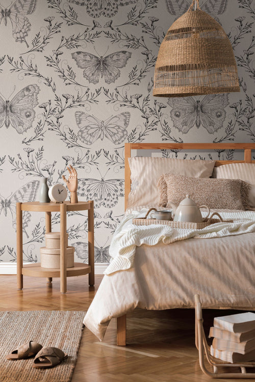 Livingwalls fotobehang vlinders grijs, vergrijsd beige en zwart - 159 x 280 cm - AS-392001