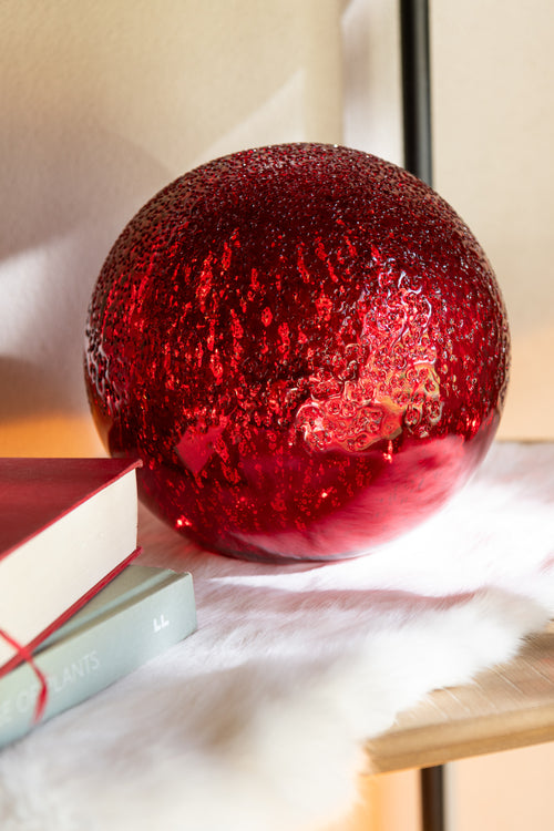 J-Line decoratie Bal Gekraakt - glas - kerstrood - small - LED