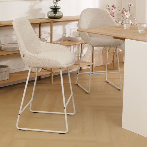 Nolon Nino-Isa Barkruk Bouclé Beige - Stof - Wit Onderstel - 75 cm - vtwonen shop