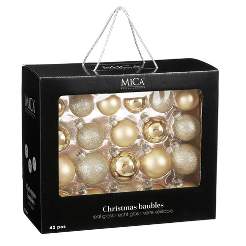 Mica Decorations Kerstballen - 42 Stuks Glazen Ballen voor de Kerstboom - Kerstversiering in Champagne Kleur - Piek met Effen Klassieke Stijl - Ø7 cm,