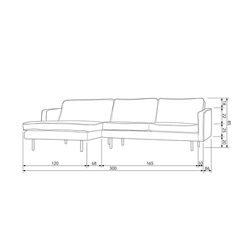 BePureHome chaise longue links Rodeo - Velvet - Brass - 85x300x155 - vtwonen shop