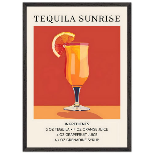 Artfulprints Poster met Lijst Tequila Sunrise cocktail - Ingrediënten   - 50x70 cm - Oranje