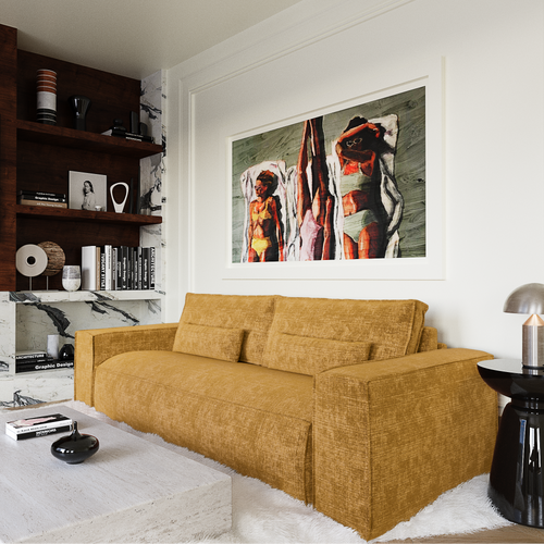 Premium Interiors - Snel uitklapbare slaapbank JUNE - gewaafd fluweel mosterd 216cm