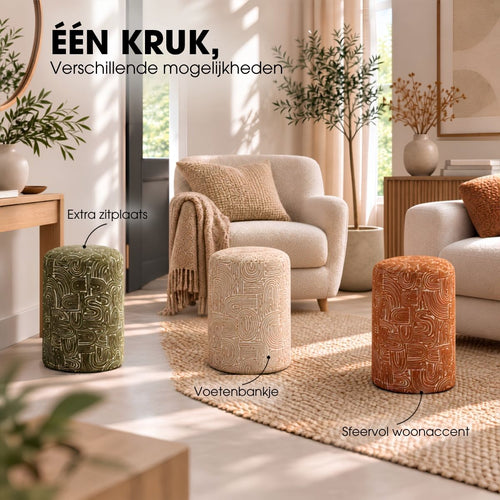 Mica Decorations Groove Kruk Terra FSC 100% - Decoratieve Kruk met Grafisch Patroon - Krukje als Voetenbankje of Bijzettafel - Stevige Houten Pootjes