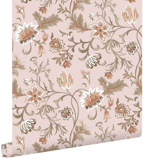 ESTAhome behang vintage bloemen oudroze, terracotta en groen - 53 cm x 10.05 m - 139478