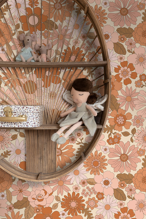 ESTAhome behang retro bloemen terracotta roze en oranje - 53 cm x 10.05 m - 130962 - vtwonen shop