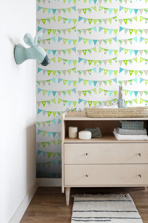 ESTAhome behang vlaggetjes turquoise, limegroen en beige - 53 cm x 10.05 m - 138719