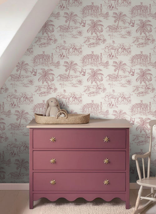 ESTAhome behang jungle dieren bordeaux rood en wit - 50 x 900 cm - 132122