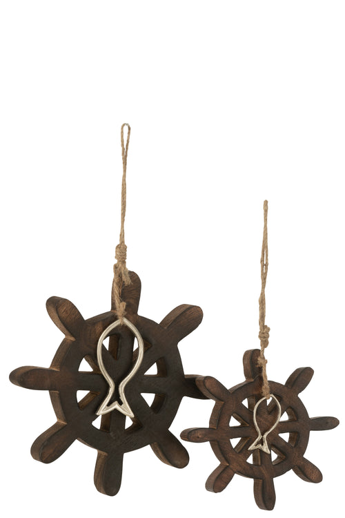 J-Line decoratie Roer Vis Mango - hout - donkerbruin - large - 3 stuks