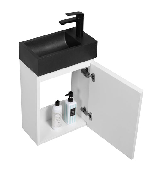 Badplaats Toiletmeubel Angela 40 x 22 cm – Mat Wit – Fonteinmeubel met Zwarte Wastafel