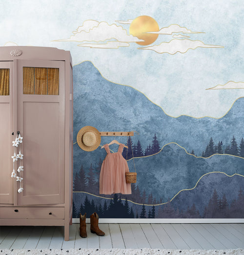 Sanders & Sanders fotobehang berglandschap blauw en goud - 375 x 270 cm - 601004