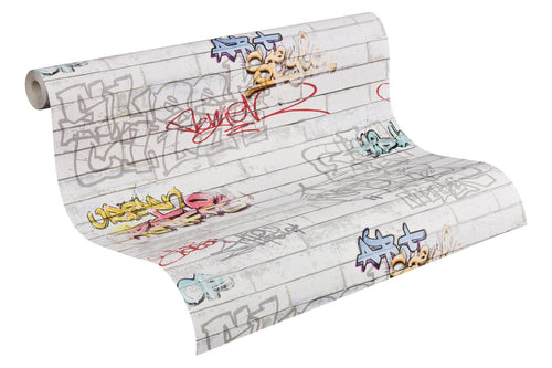 A.S. Création behang graffiti grijs, oranje en blauw - 53 cm x 10.05 m - AS-935611