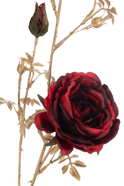 J-Line bloem Rozenstruik 3 Bloemen + Knoppen - kunststof - rood/goud