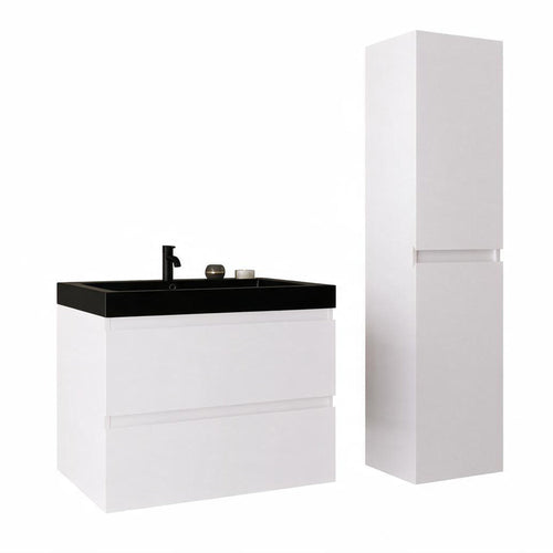 LOMAZOO badmeubelset Avalon - met hoge kast & zwarte wastafel - glanzend wit - 60 cm