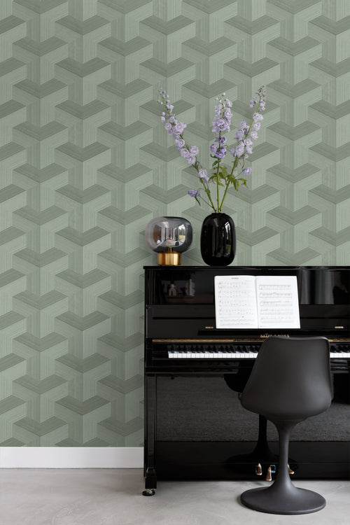 Origin Wallcoverings behang grafisch 3D motief vergrijsd groen - 53 cm x 10.05 m - 347951