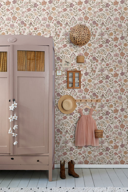ESTAhome behang bloemetjes mauve paars, vergrijsd groen en terracotta - 53 cm x 10.05 m - 131328