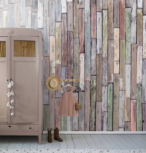 Sanders & Sanders fotobehang houten plankjes beige, groen en blauw - 360 x 254 cm - 600398