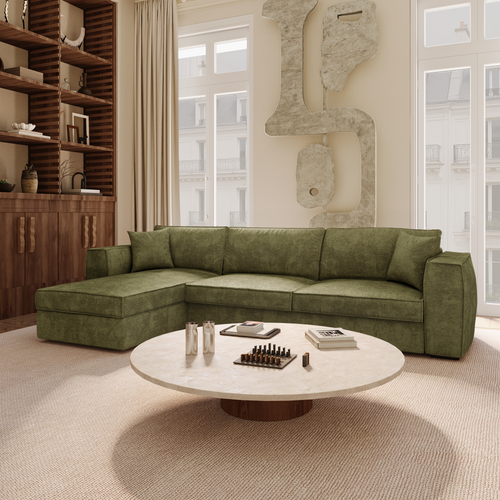 Premium Interiors - Hoekbank (links) MIKA - zacht aanvoelende geweven stof vintage groen 292cm