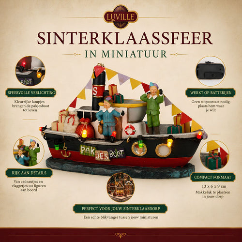 Luville Pakjesboot Small - Miniatuur Kerstdorp Decoratie met Verlichting - Werkt op Batterijen voor Flexibele Plaatsing - Gemaakt van Polyresin - L13