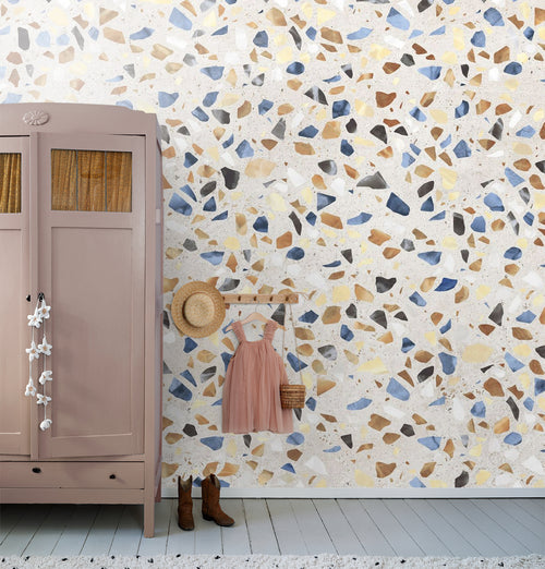 Sanders & Sanders fotobehang terrazzo blauw, beige en bruin - 375 x 270 cm - 600971 - vtwonen shop