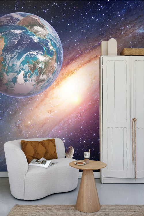 Sanders & Sanders fotobehang planeten in de ruimte blauw, paars en oranje - 375 x 270 cm - 600546