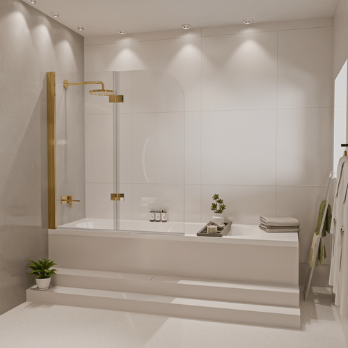 LOMAZOO badwand Caracas - 2 delig - draaibaar - anti kalk nano coating - helder glas - goud - 120 x 140 cm