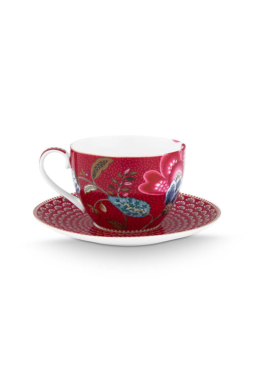 Pip Studio - Blooming Tales Fantasy Dark Red - Set van 2 Koppen en Schotels - Koffiekopjes - 300ml