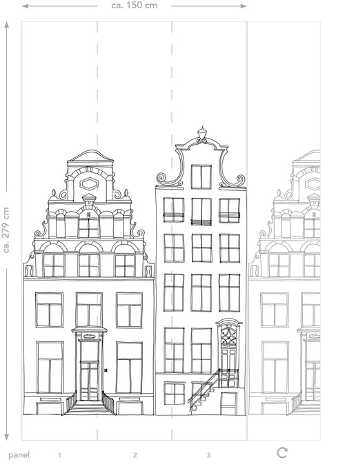 ESTAhome fotobehang getekende Amsterdamse grachtenhuisjes zwart en wit - 150 x 279 cm - 158833 - vtwonen shop