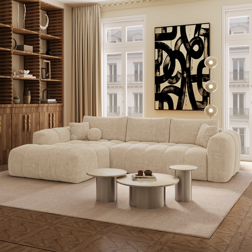 Premium Interiors - Linkshoekbank met slaapfunctie en opbergruimte SKY - kruisbinding  beige 310cm