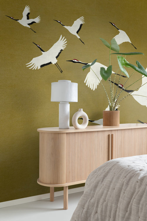 Origin Wallcoverings fotobehang kraanvogels okergeel - 300 x 300 cm - 357236 - vtwonen shop