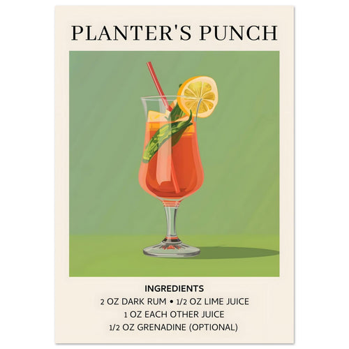 Artfulprints Poster Planter's Punch cocktail - Ingrediënten   - A4 21x29.7 cm - Groen