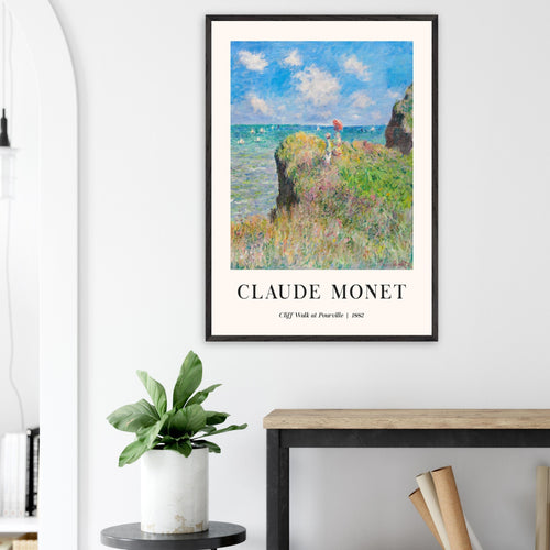 Artfulprints Poster met Lijst Claude Monet - Cliff walk at Pourville   - 50x70 cm - Blauw