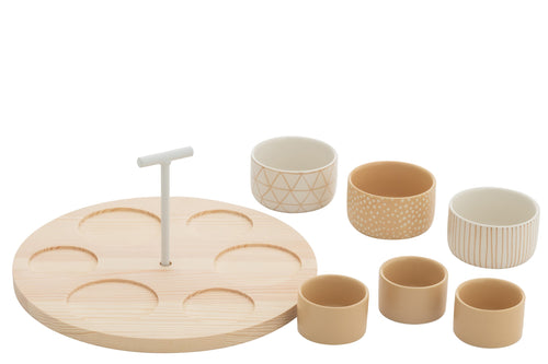 J-Line tapasplank 6 kommen + bambouschaal In Doos - keramiek/hout - wit/creme