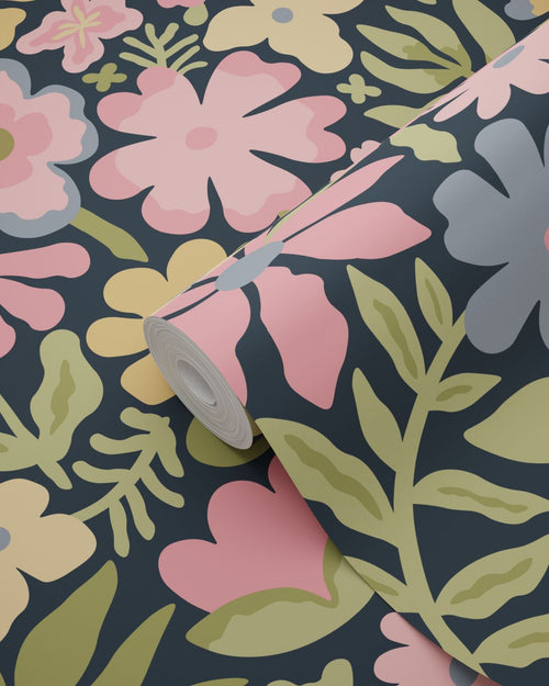 ESTAhome behang bloemetjes blauw, groen en roze - 50 x 900 cm - 132292