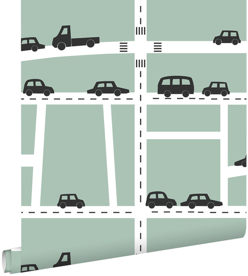 ESTAhome behang auto's mintgroen, zwart en wit - 53 cm x 10.05 m - 139283