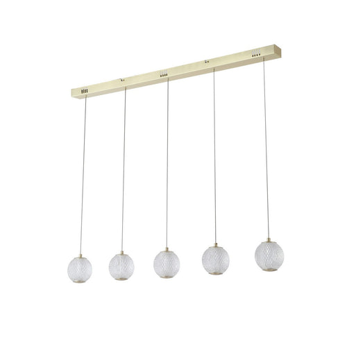 Searchlight Allure 5 lichtbalk plafondhanger satijn messing metaal en helder acryl