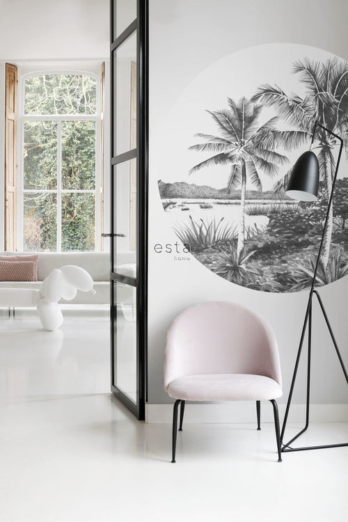 ESTAhome zelfklevende behangcirkel tropisch landschap met palmbomen zwart wit - Ø 140 cm - 159005 - vtwonen shop