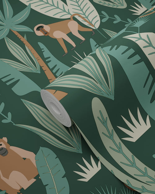 ESTAhome behang jungle apen donkergroen - 53 cm x 10.05 m - 139234