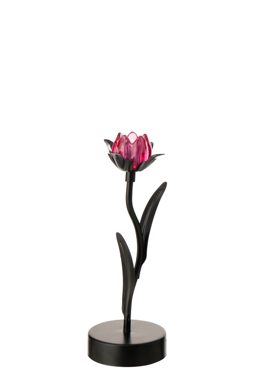 J-Line lamp Bloem - ijzer - zwart/roze - small - LED lichtjes
