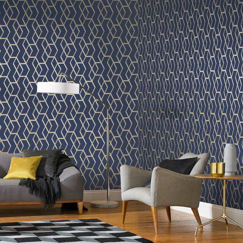 Graham & Brown Vliesbehang - Archetype Marineblauw & Goud