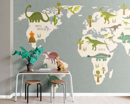 Sanders & Sanders fotobehang wereldkaart voor kinderen grijs en groen - 350 x 279 cm - 950022