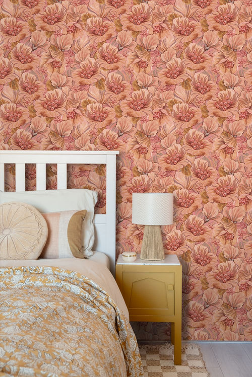 ESTAhome behang geborduurd bloemmotief terracotta roze - 50 x 900 cm - 131294