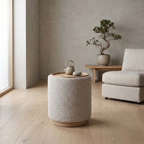 DÉJA Living Bijzettafel Marcia – Rond – Met Opbergruimte – Essen Fineer – 40x40x44 cm – Taupe/Naturel