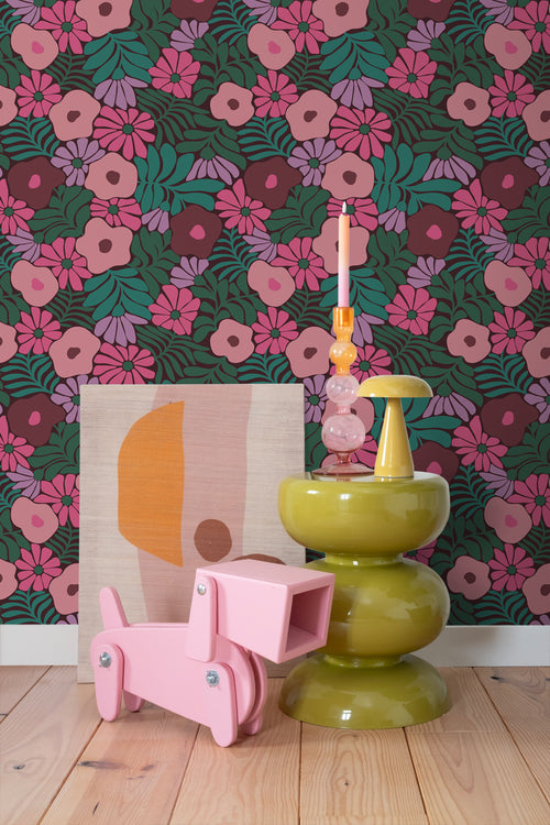 ESTAhome behang bloemen in Matisse stijl groen, roze en paars - 50 x 900 cm - 131137 - vtwonen shop