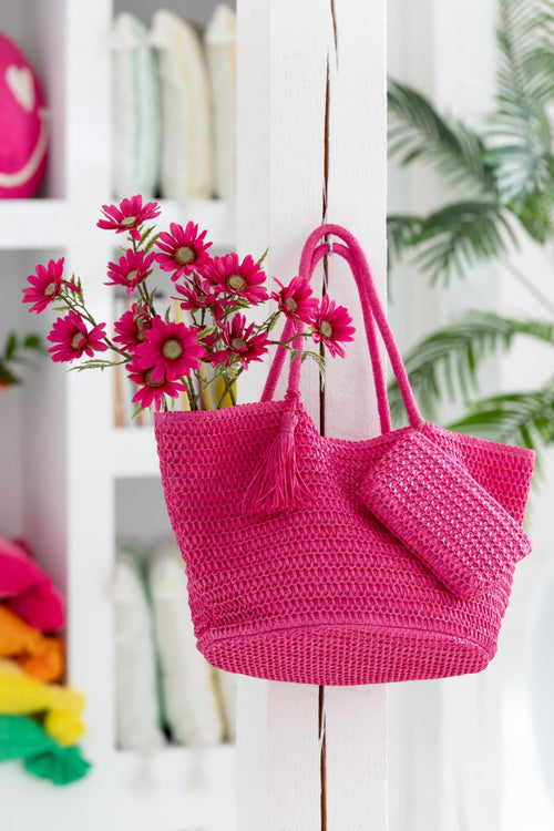J-Line strandtas + tasje - papier - roze/oranje - 2 stuks