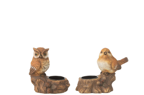 J-Line windlicht + uil - porselein - bruin - 2 stuks