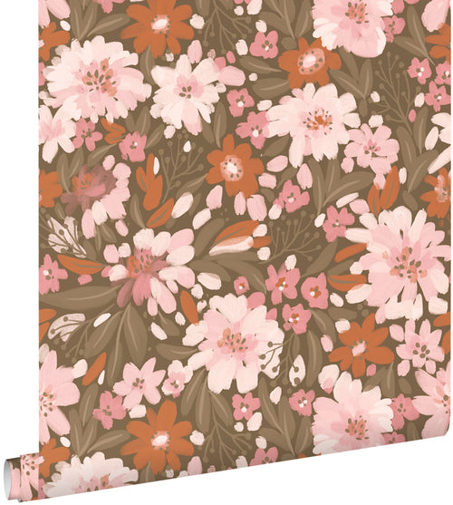 ESTAhome behang bloemen licht roze, terracotta en vergrijsd groen - 50 x 900 cm - 130926 - vtwonen shop