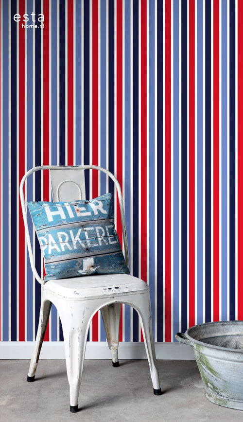 ESTAhome behang verticale strepen donkerblauw, rood en wit - 53 cm x 10.05 m - 138705