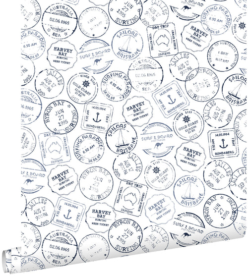 ESTAhome behang Australische stempels donkerblauw en wit - 53 cm x 10.05 m - 138980